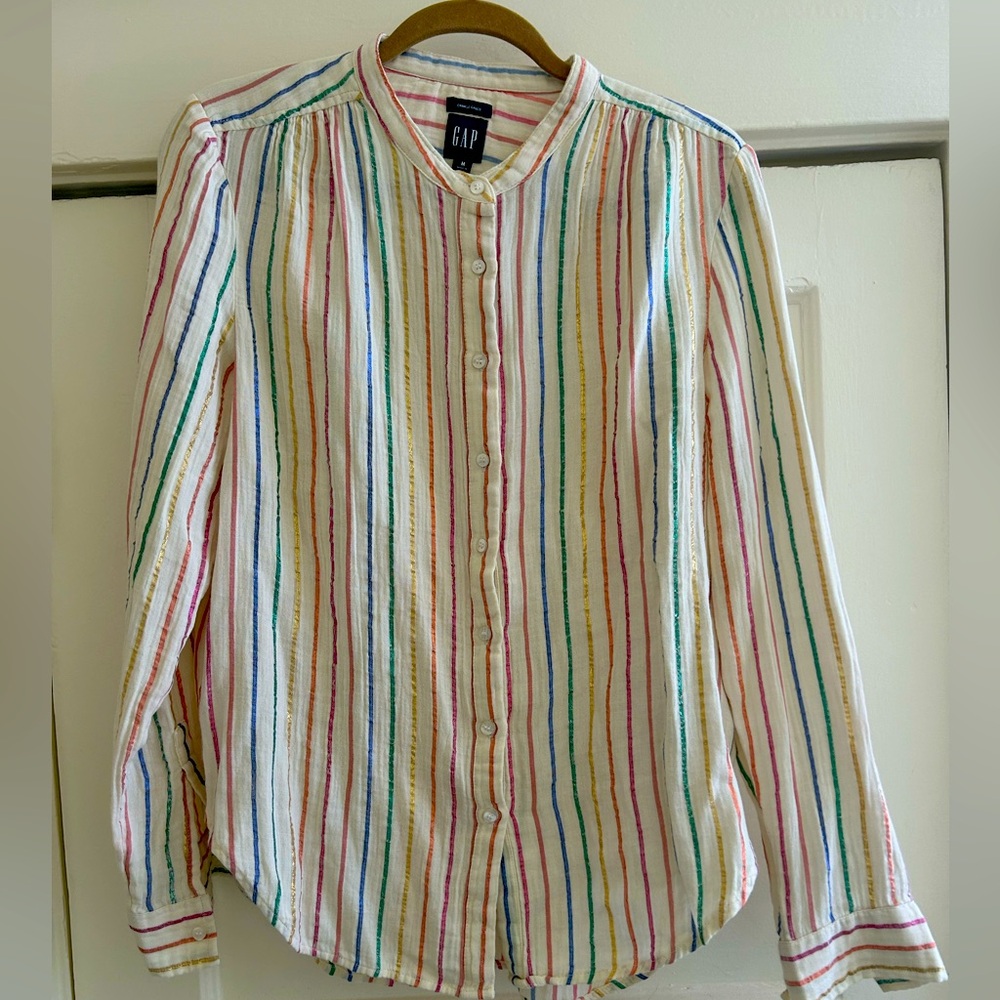 GAP Crinkle Gauze metallic rainbow stripe shirt